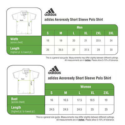 Size chart for adidas Aeroready Short Sleeve Polo Shirt, detailing measurements for men and women.