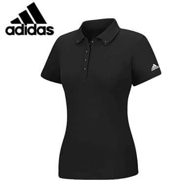 adidas Ladies Comfort Golf Polo Tee in black, perfect for golfers and a great corporate gift.
