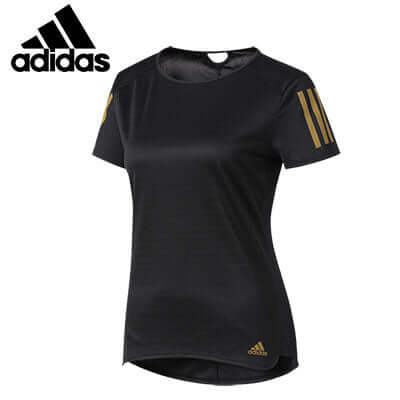 adidas Ladies Performance Running Tee in black with gold accents, perfect for style and visibility during runs.
