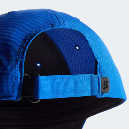 adidas Six-Panel Golf Cap back view showcasing the blue adjustable strap and inner fabric details.