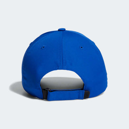 Back view of the adidas Six-Panel Golf Cap in vibrant blue, showcasing its adjustable strap and six-panel design.