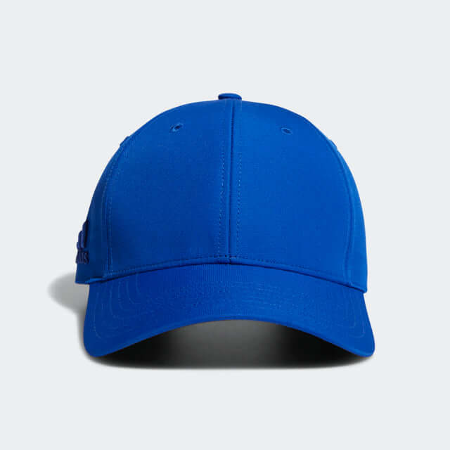 adidas Six-Panel Golf Cap in vibrant blue color showcasing its six-panel construction and medium pre-curved brim.