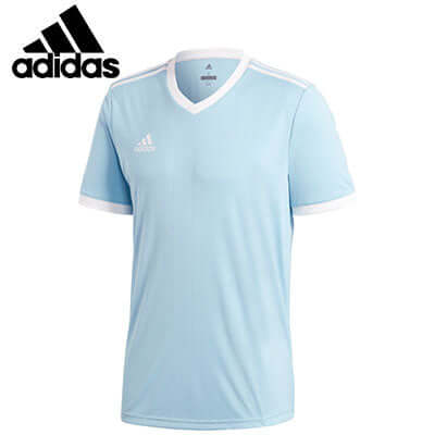 adidas V-Neck Sports Tee Shirt in light blue with white accents, perfect for workouts and corporate gifts.