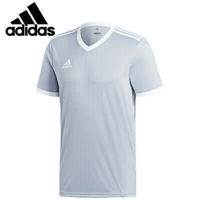 adidas V-Neck Sports Tee Shirt in light gray with white accents, perfect for workouts and corporate gifts.