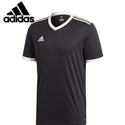 adidas V-Neck Sports Tee Shirt in black with white accents, perfect for workouts and corporate gifts.