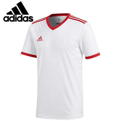 adidas V-Neck Sports Tee Shirt in white with red accents, perfect for workouts and corporate gifts.