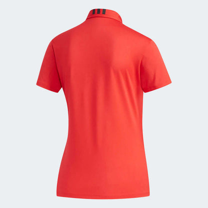 Back view of adidas Women's Golf Polo Shirt in red, featuring a sporty design with 3-stripe detail.