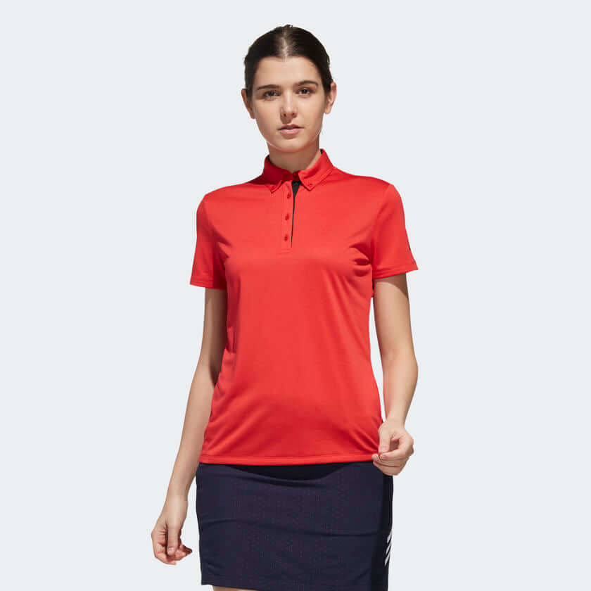 adidas Women's Golf Polo Shirt in red, ideal for golfers and a perfect corporate gift.