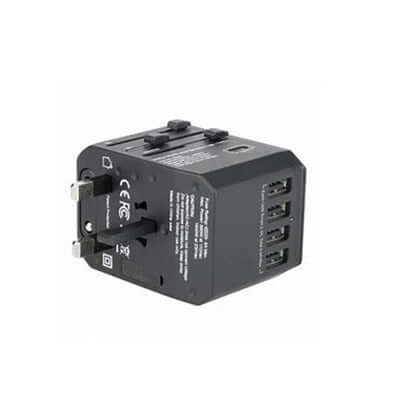 Verbatim 65686 4 USB and 1 Type C Ports Travel Adapter with international plug types.