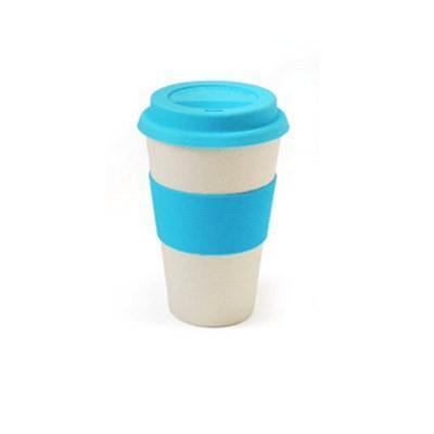 Bamboo Fibre Mug with vibrant blue silicone lid and holder, eco-friendly corporate gift.