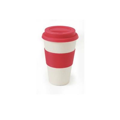 Bamboo Fibre Mug with red silicone lid and holder, ideal for corporate gifts and eco-friendly lifestyles.