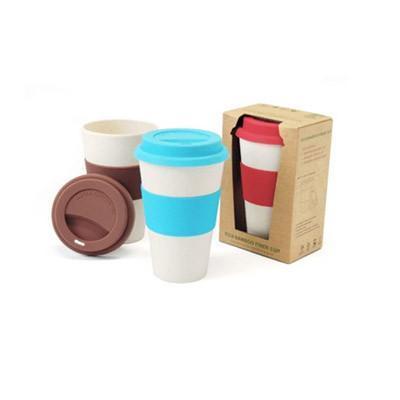 Two Bamboo Fibre Mugs with colorful silicone lids and a packaging box, ideal for corporate gifts.