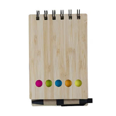 Bamboo Eco Notepad with colorful pen and stylish bamboo cover, perfect for notes and corporate gift.