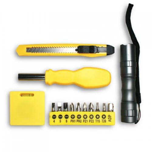 Compact Tool Set featuring screwdriver handle, bits, cutter knife, and torch light.