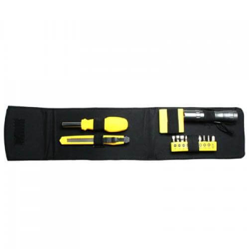 Compact Tool Set displayed in a sleek black pouch, featuring essential tools for DIY enthusiasts.