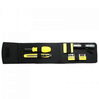 Compact Tool Set displayed in a sleek black pouch, featuring essential tools for DIY enthusiasts.