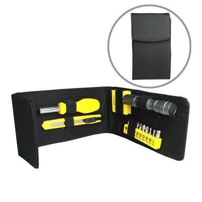 Compact Tool Set with essential tools in a sleek black pouch, perfect as a corporate gift.
