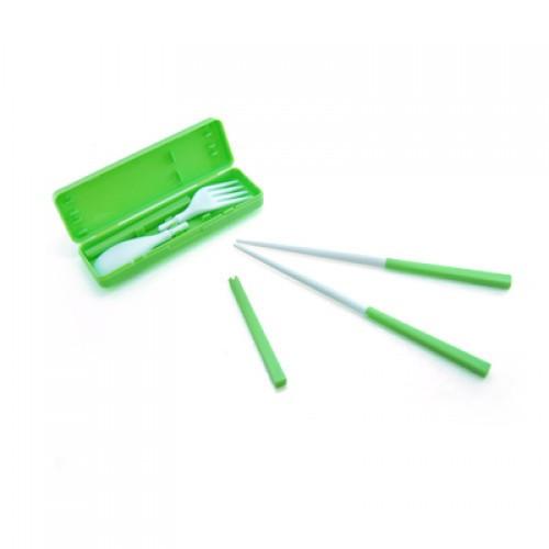 Convenient Cutlery Set including green spoon, fork, chopsticks in a compact case, ideal for corporate gift.
