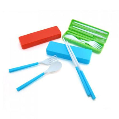 Convenient Cutlery Set in vibrant colors with square handles includes chopsticks, spoon, and fork.