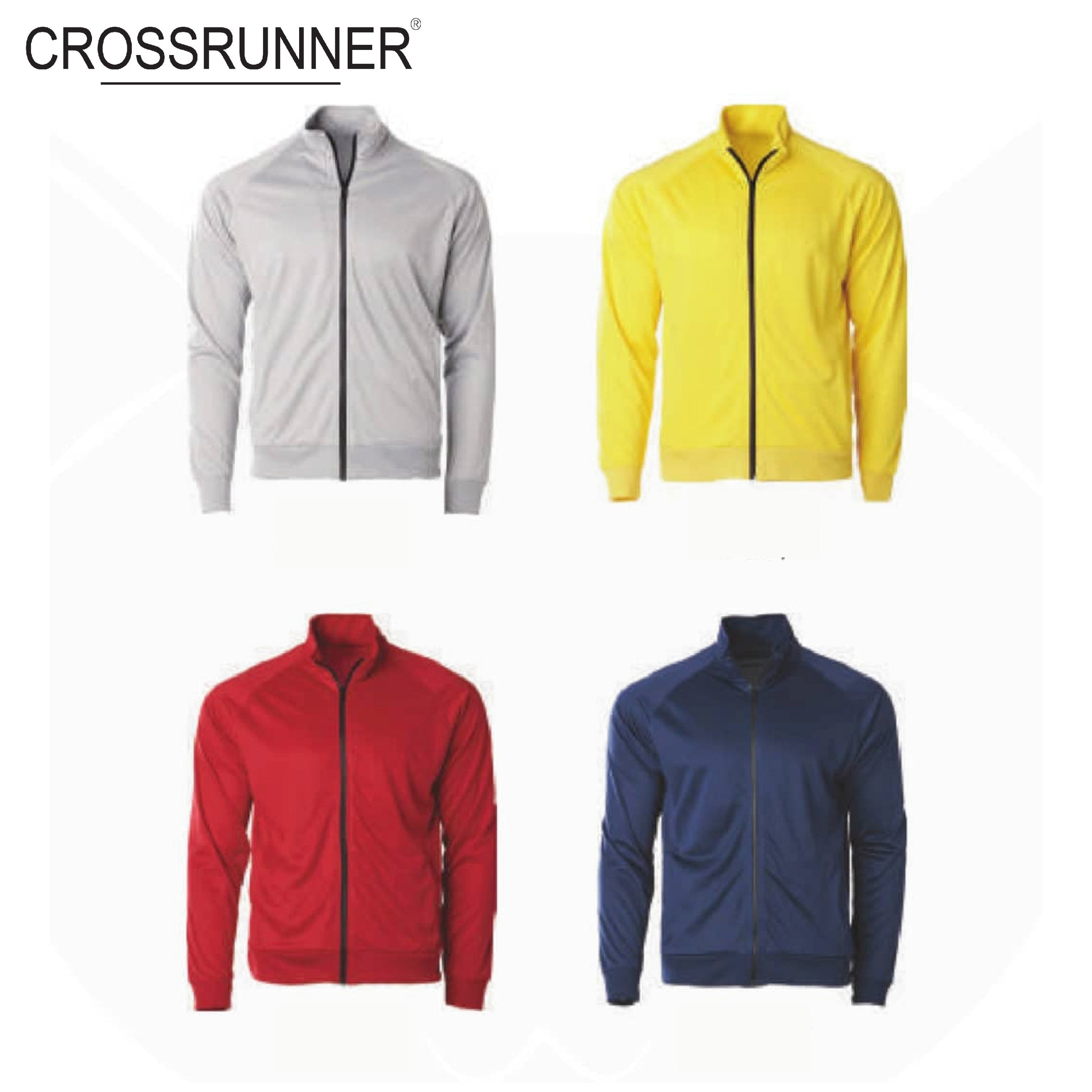 Crossrunner 1100 Zeal Tracksuit in gray, yellow, red, and navy colors arranged for display.