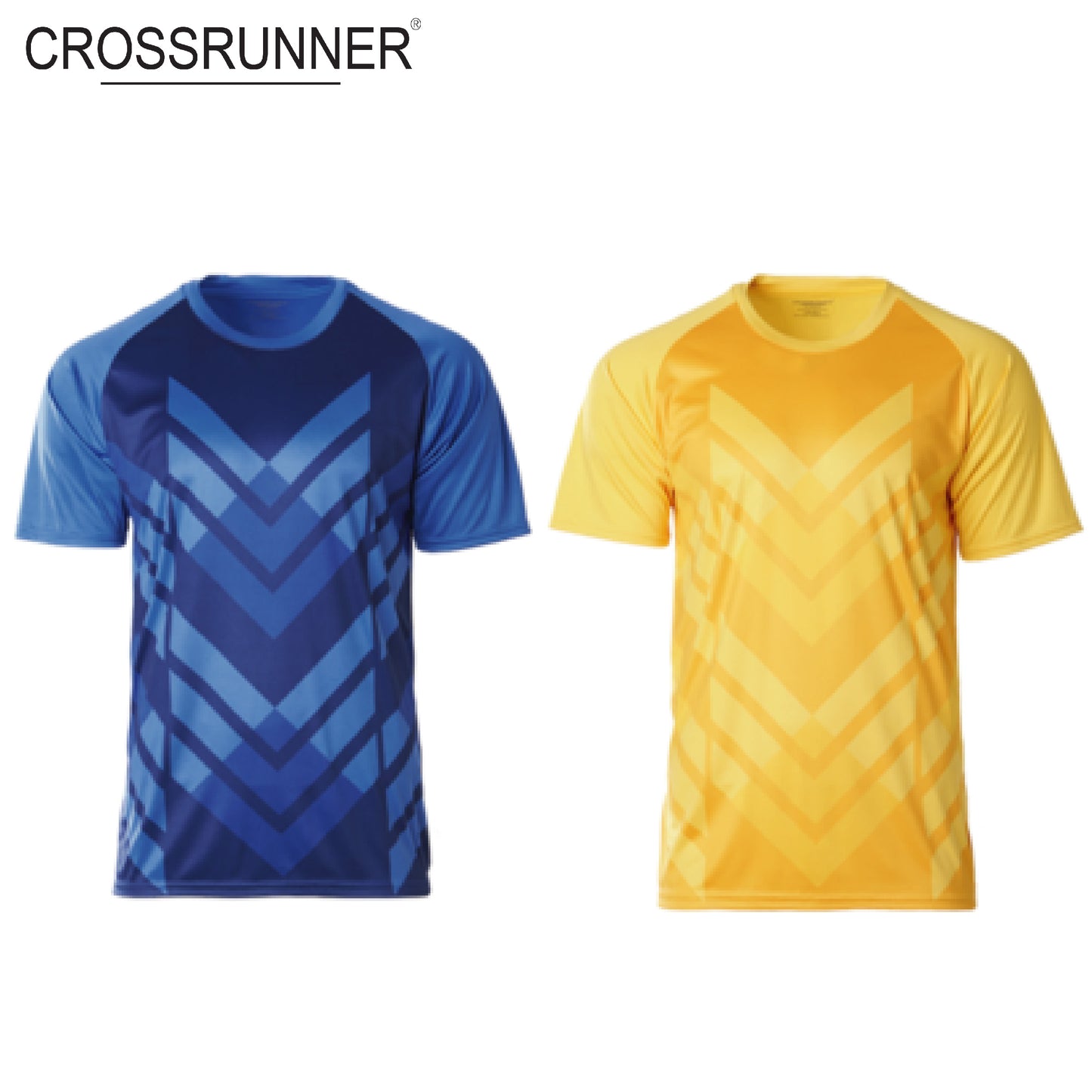 Crossrunner 2000 Sublimated Raglan T-Shirt in blue and yellow designs, perfect for corporate gifts and active wear.