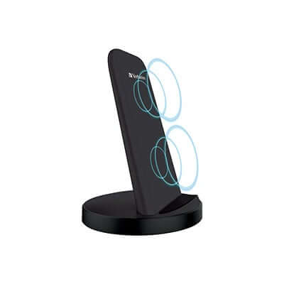 Verbatim 66096 15W Dual Coil Wireless Charger on a black stand, designed for Qi smartphones, ideal as a Corporate Gift.