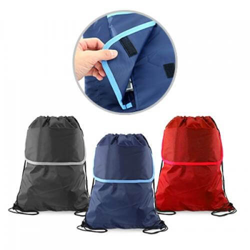 Drawstring Bag with Pocket in red, blue, and black colors featuring a secure pocket for essentials.