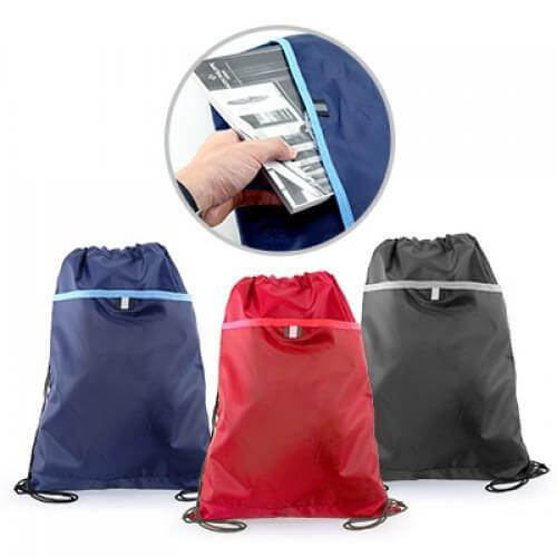 Drawstring Bag with Valuable Pocket in red, blue, and black, featuring extra pocket for valuables, perfect corporate gift.