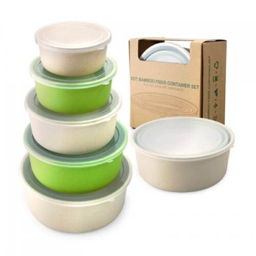 Eco Friendly Bamboo Fiber Container Set with lids, 5-piece storage bowl set, ideal for meal prep and eco-conscious living.