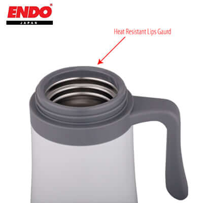 ENDO 400ML Anti--Bac Double S/Steel Mug showing heat resistant lips guard for safety and comfort.