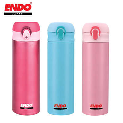 ENDO 480ml Lightweight Double Stainless Steel Flask in pink, blue, and light pink colors for stylish hydration.