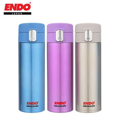 480ml Extreme-Lightweight Double S/Steel Mug in three colors: blue, purple, and silver with END0 branding.