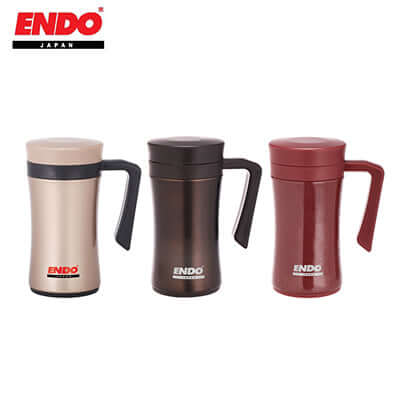 ENDO 450ML Double Stainless Steel Desk Mug in three colors: beige, black, and red, ideal as a corporate gift.