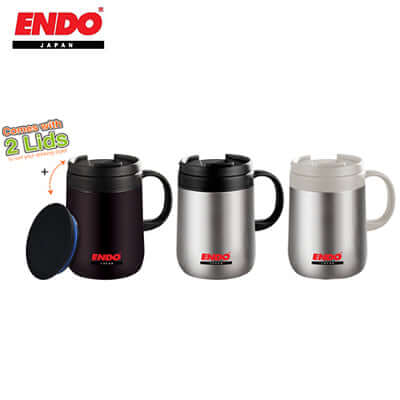 ENDO 480ml Double Stainless Steel Mug in three colors featuring 2 lids and premium polish