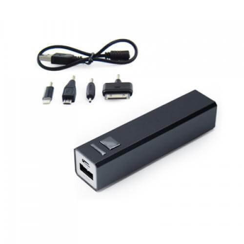 Fantasy Portable Charger with Iphone5 Adaptor, sleek black design with adaptors for multiple devices.