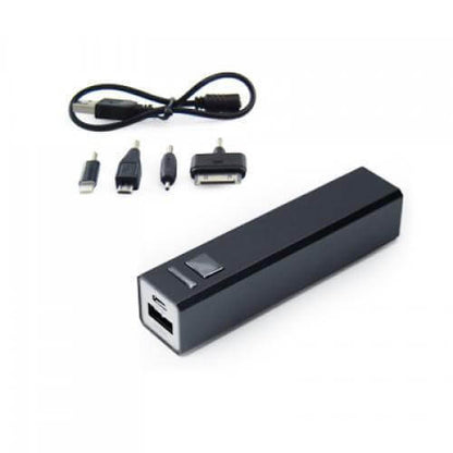 Fantasy Portable Charger with Iphone5 Adaptor, sleek black design with adaptors for multiple devices.