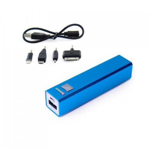 Fantasy Portable Charger with Iphone5 Adaptor, festive blue color, includes adaptors and charging cable.