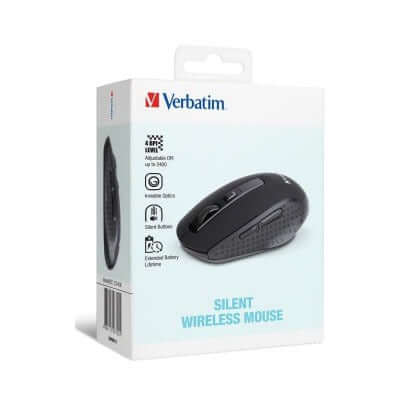 Verbatim Silent Wireless Mouse with Invisible Optic packaging showing features and design, ideal for corporate gifts.