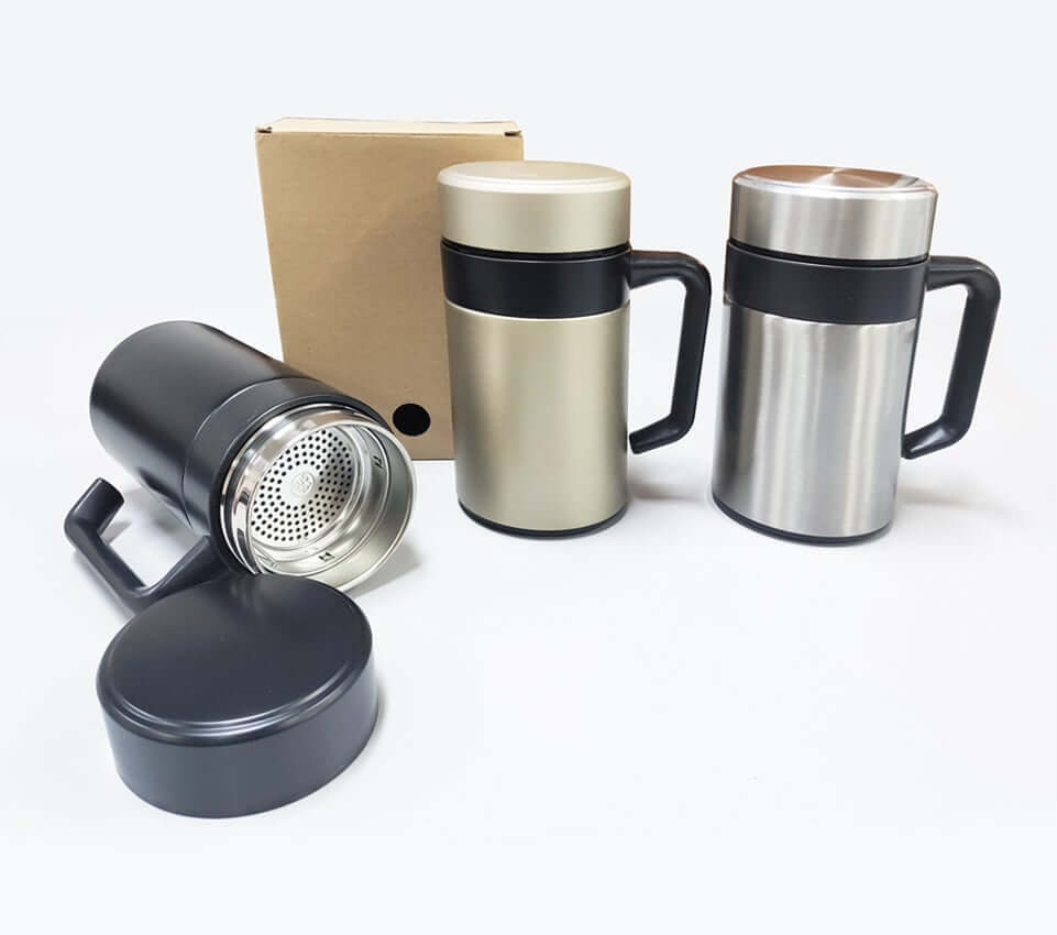 350ml Double Wall Thermos Mug with Filter in black, gold, and silver colors, ideal for corporate gifts