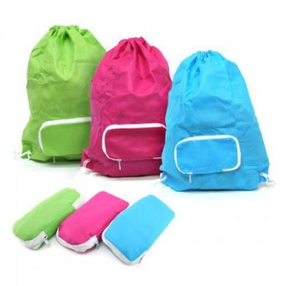 Foldable Drawstring Bag available in Pink, Blue, and Green, ideal for grocery shopping and corporate gifts.