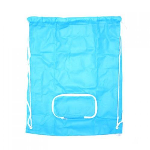 Foldable Drawstring Bag in vibrant blue color with front pocket for extra storage.
