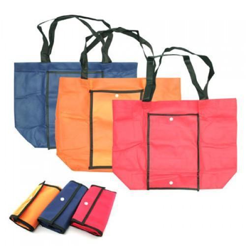 Foldable Shopping Bag with Plastic Buttons in blue, orange, and red, showcasing vibrant colors and practicality for shopping.