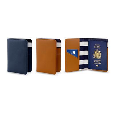 Folded Passport Travel Wallet showcasing navy and brown leather, featuring card slot for corporate gift options.