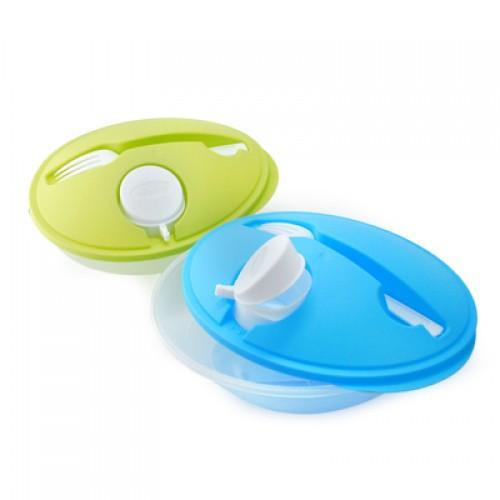 Freshcore Lunch Box with Fork and Sauces Storage in green and blue, ideal for meal prep and sauces.
