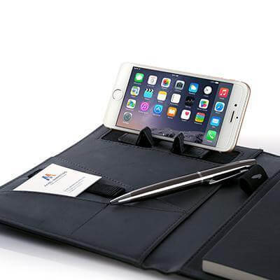 Functional Seminar Folder with phone holder and business card compartments for professionals on the go.