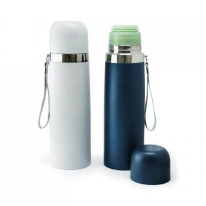 Goodity Thermos Flask shown in white and navy, perfect as a corporate gift for keeping drinks hot or cold.