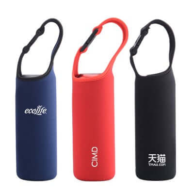 BUCKLE Release Neoprene Thermos Mug Cover in red, black, and blue colors for outdoor sports and corporate gifts.
