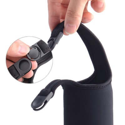 BUCKLE Release Neoprene Thermos Mug Cover showing a person gripping the safety click and release feature.