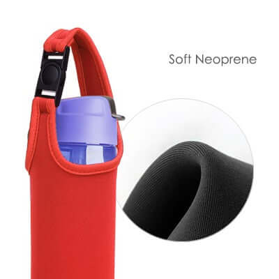 BUCKLE Release Neoprene Thermos Mug Cover shown in red, featuring soft neoprene material and a secure closure for protection.