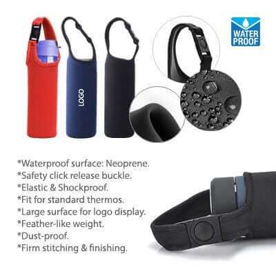 BUCKLE Release Neoprene Thermos Mug Cover with waterproof surface, elastic body, and safety click release buckle.